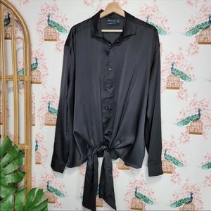 Asos Desing Sarin Long Sleeve Top Tie Front Hem Relaxed Fit